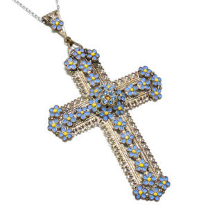 1920s Czech Blue Flowers  Filigree Cross Necklace